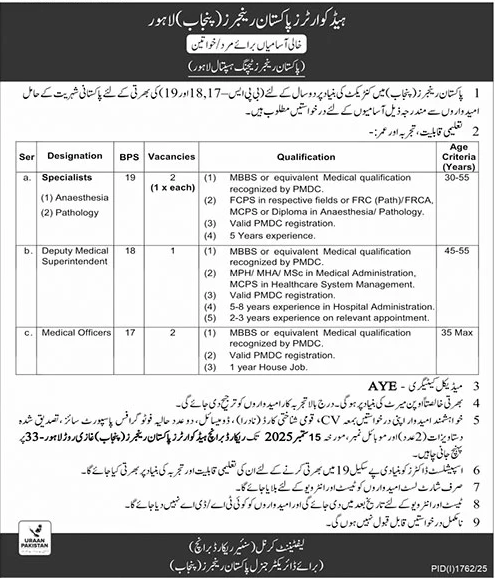 Jobs in Pakistan Rangers Lahore